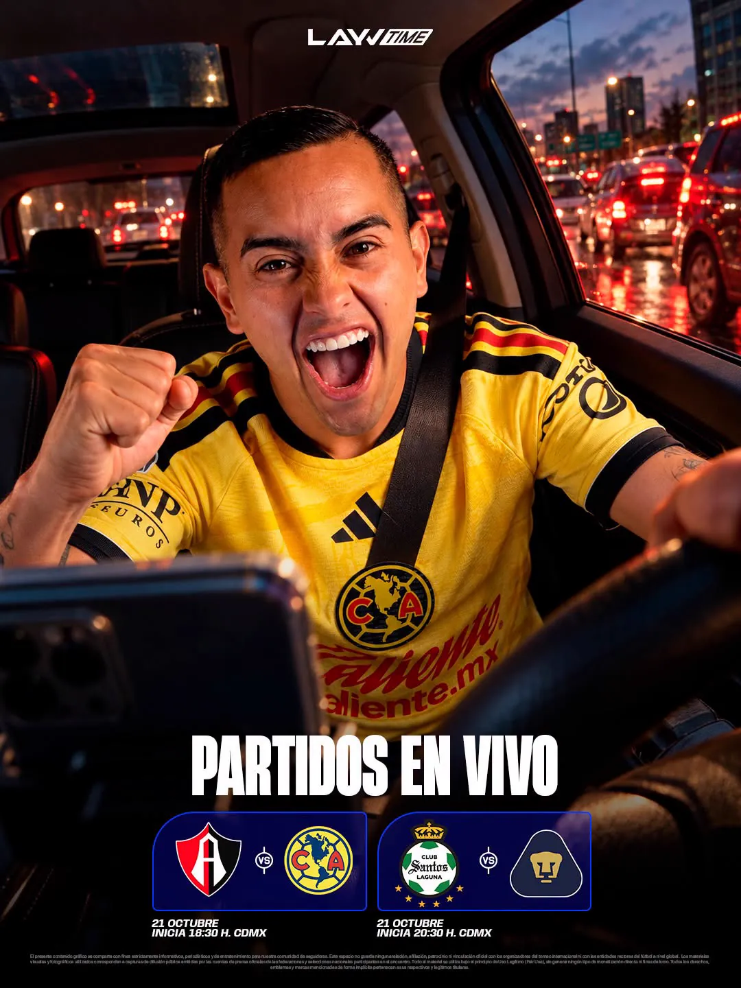 Campaña de posicionamiento Partidos en vivo de Layvtime, aficionado en el auto
