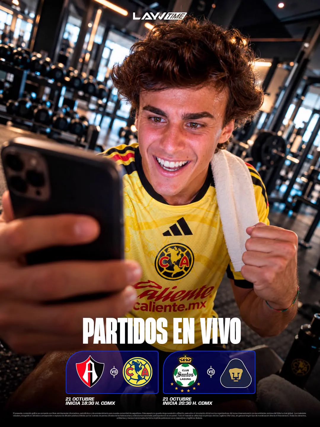 Campaña de posicionamiento Partidos en vivo de Layvtime, aficionado en el gimnasio